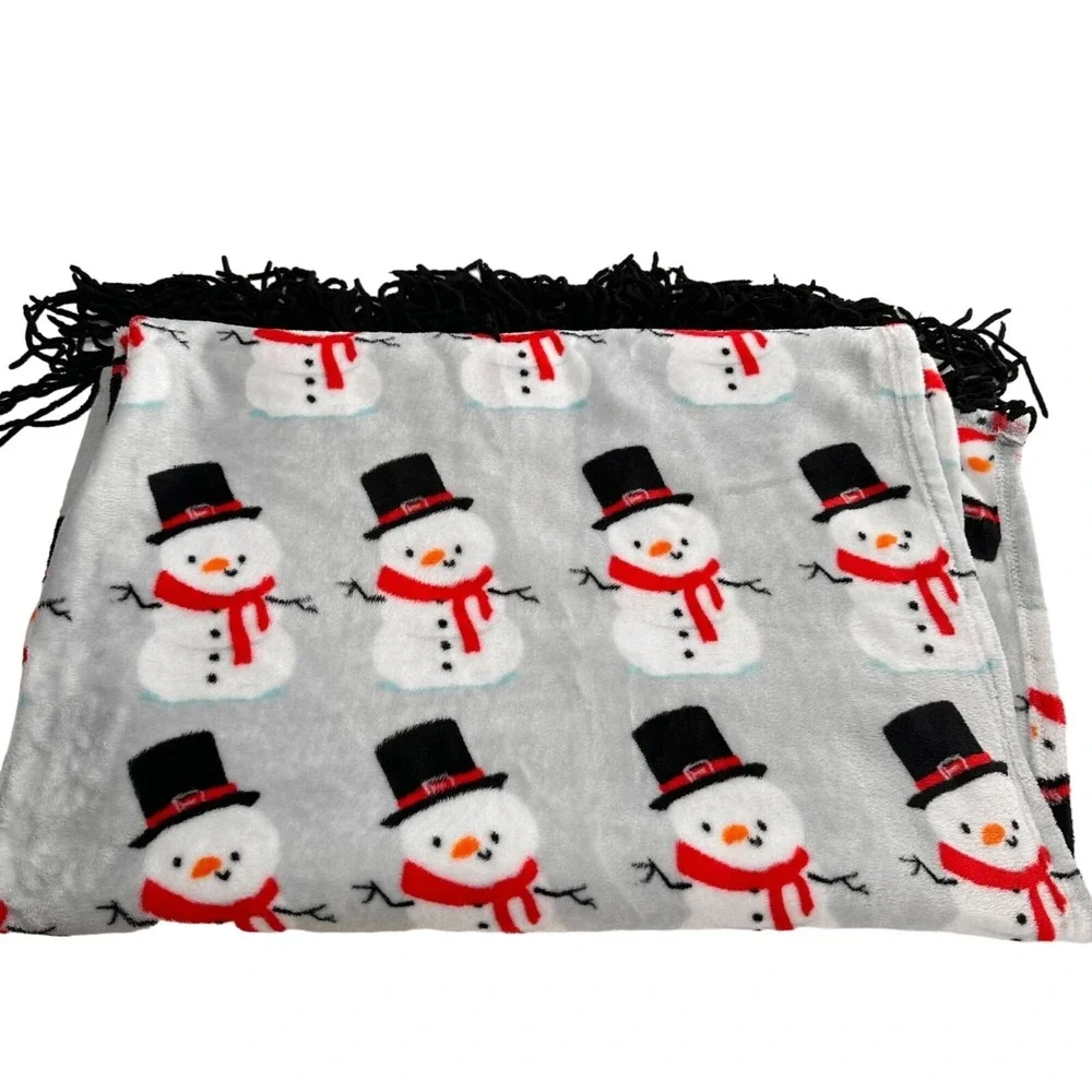 Happy Holidays Crest‎ Mills Snowman Throw Blanket Polyester Black Fringe 66x47